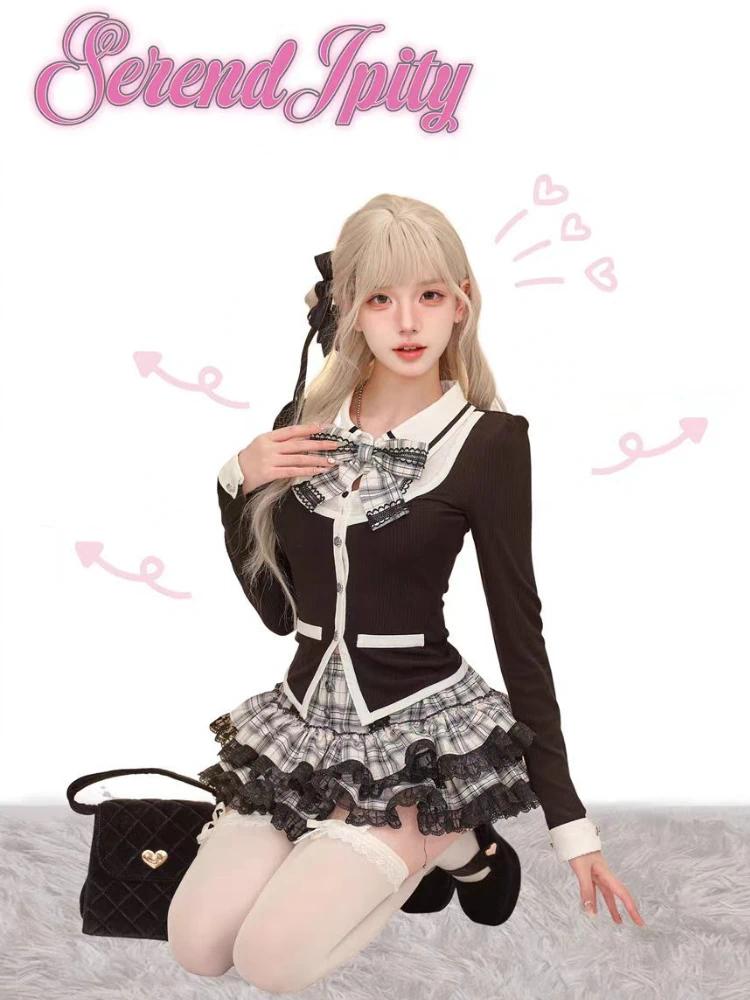 Korean 2 Piece Sets Women Casual Bow Y2k Crop Top Blouse + Mini Skirts 2000s Vintage Suits Chic Japanese Kawaii Clothing Autumn, Cute, Bow Detail