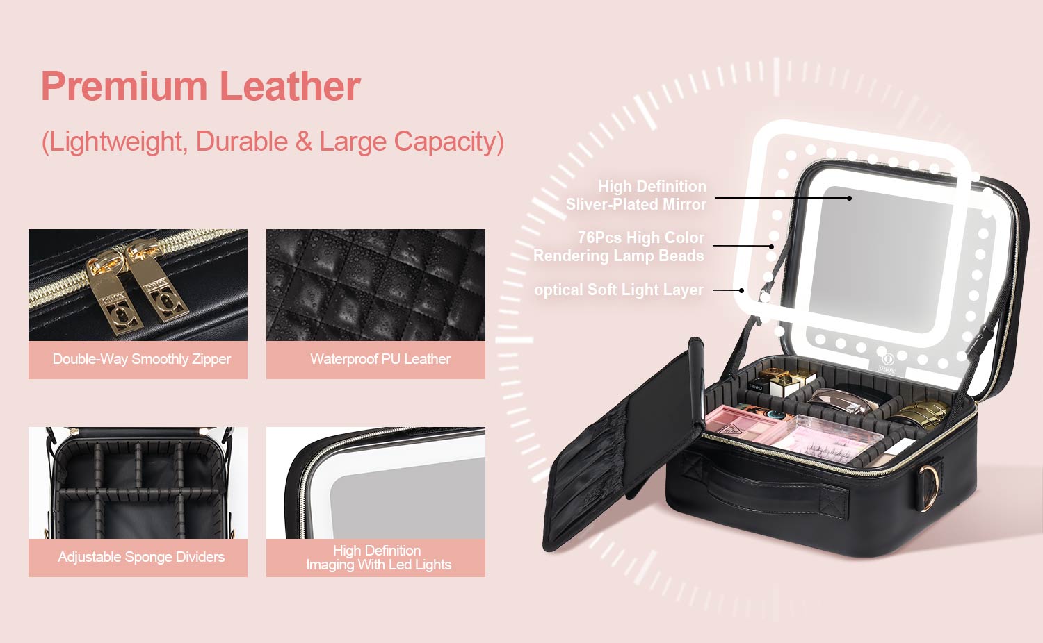 Makeup Bag with Light Up Mirror, 10in 12in Makeup Case Travel Cosmetic Bags Brush Organizer Storage Box, Rechargeable Vanity Mirror with 3 Color Lights, High Frame Mirror Protection (Black)