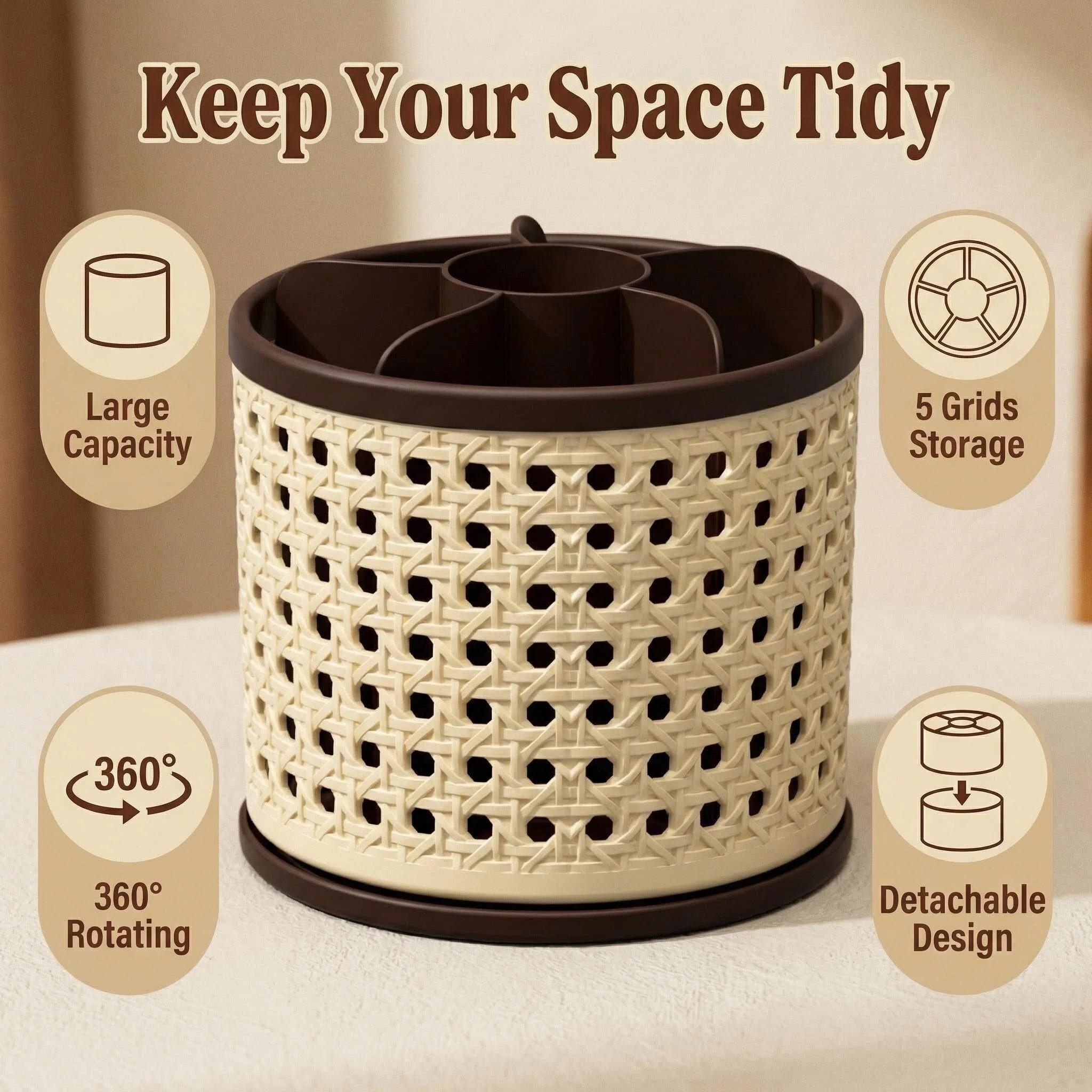 Vintage Woven Makeup Organizer, Large Capacity Rotating Desk Pen Holder, Detachable Easy Clean Compartment Brush Storage Box