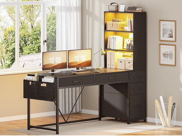 SEDETA 47.2 Inch Reversible Gaming Desk with LED Lights Drawer Storage Bookshelf for Small Spaces Organization Interior