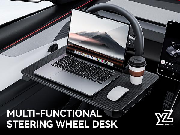 YONZEE 2-in-1 Car Steering Wheel Desk Tray & Car Seat Gap Filler Organizer – Foldable Carbon Fiber Look Table for Laptop, Eating Food, Writing – for Standard Round Steering Wheels