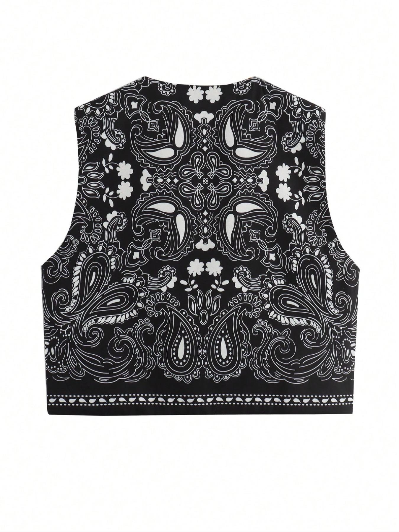 Women's Autumn Ethnic Print Tie-Back Vest Top Short, Sleeveless Round Neck Bow Vintage Fashion Jacket, Stylish Casual Wear