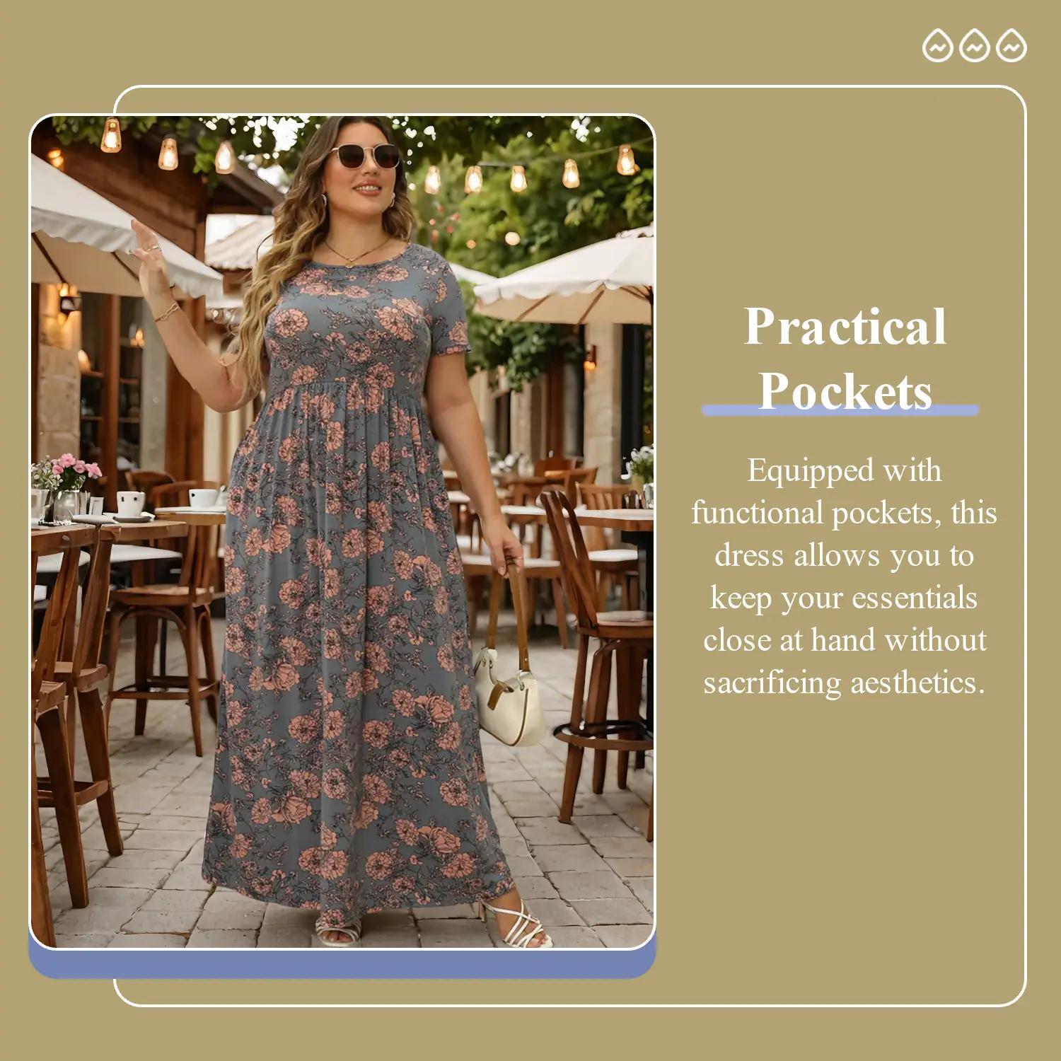 Plus Size Floral Print Short Sleeve A-line Dress with Pockets, Summer Dress, Boho Vintage Dresses for Holiday, Casual Everyday Wear, Modest Dresses