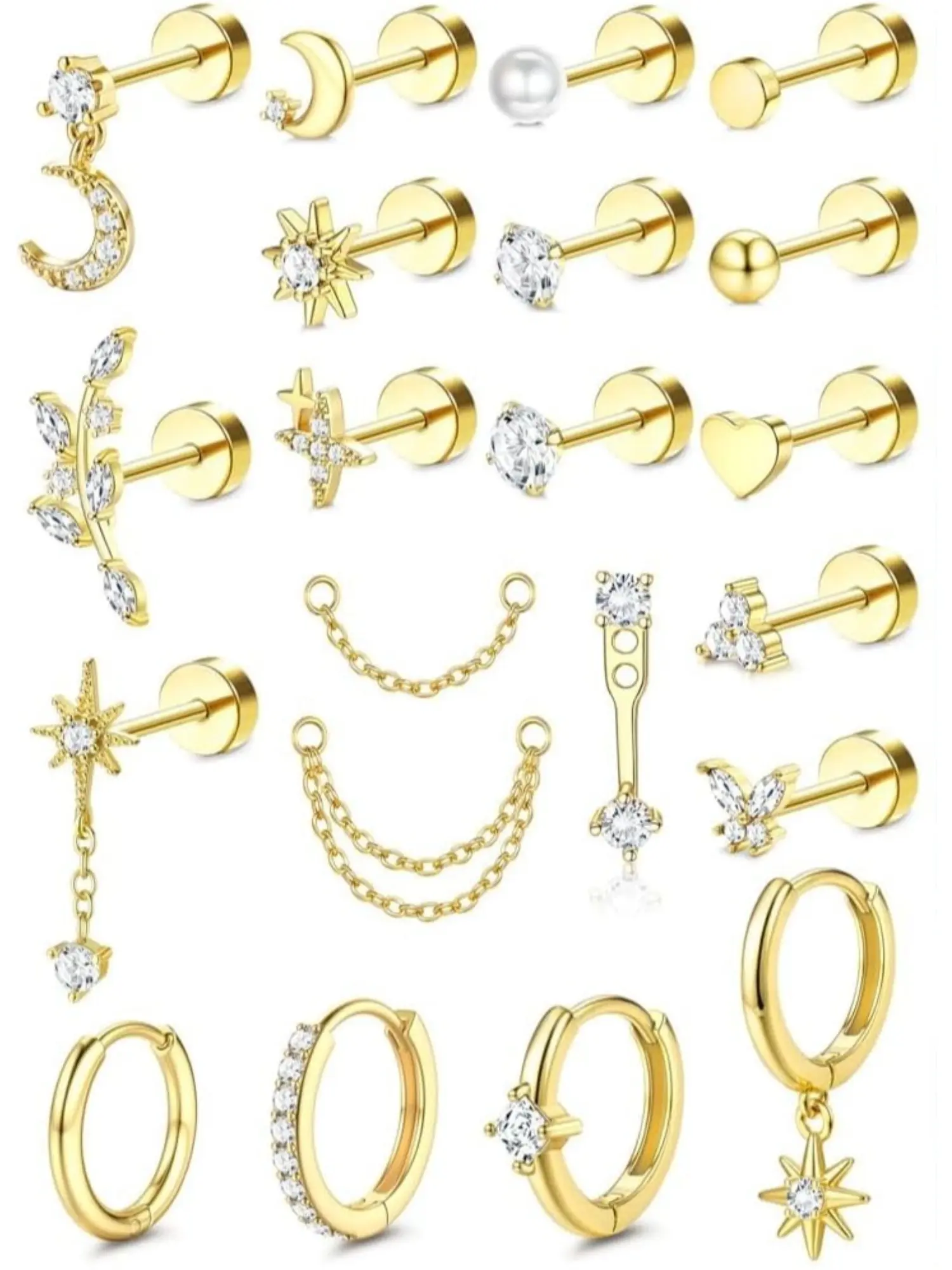21Pcs Helix Piercing Jewelry Set for Women, Hypoallergenic Flat Back Earrings, Gold & Silver Tone Helix Hoops & Tragus Studs, Multipack Cartilage Earring Stacking Jewelry, Body Piercing Jewelry