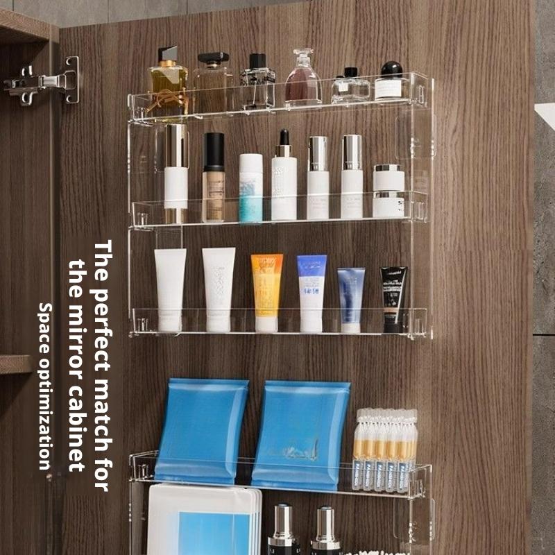 Wall-mounted acrylic makeup storage rack, no-drill cosmetic storage rack, transparent bathroom skincare shelf for vanity, very suitable for organizing lipsticks, eyeshadows, and skincare products