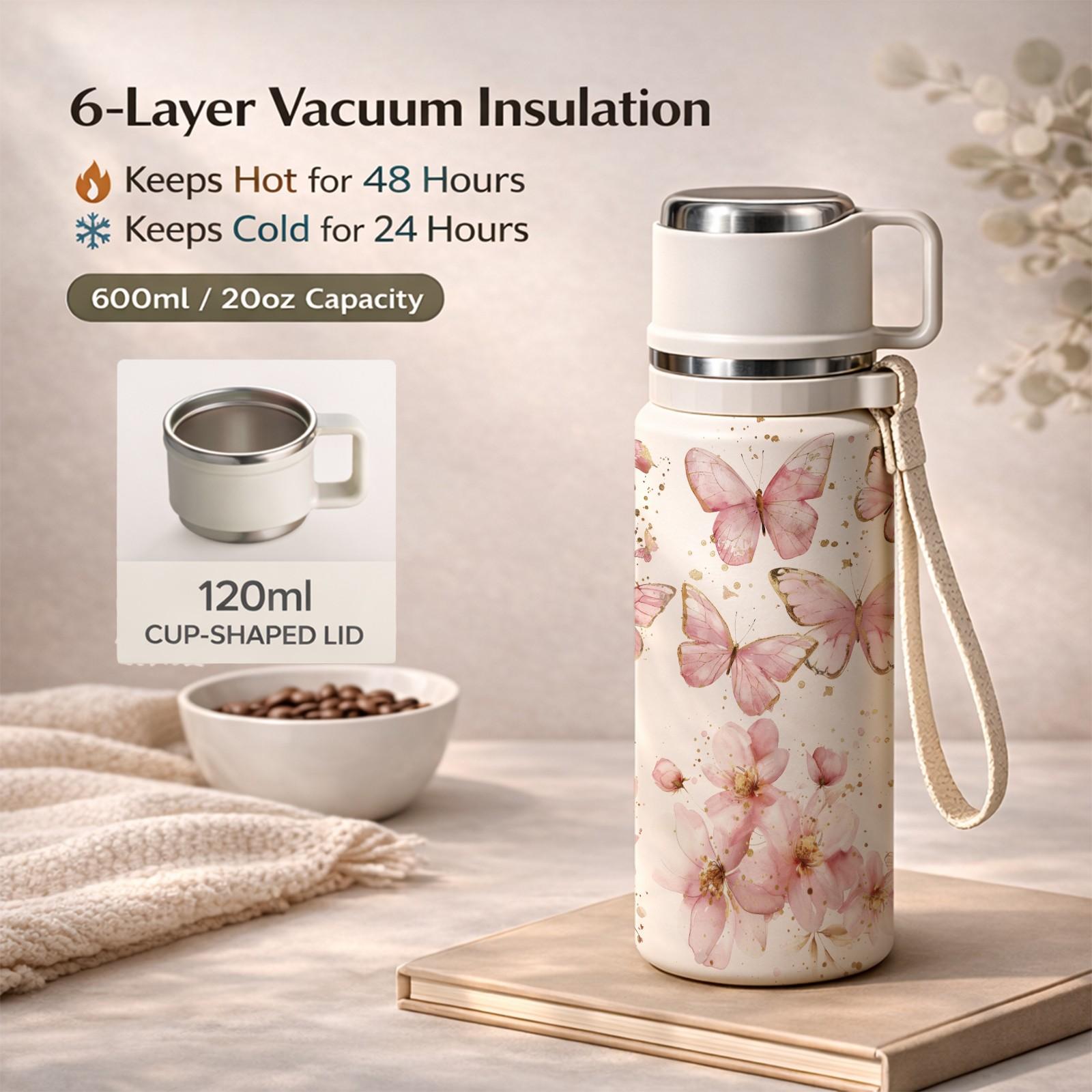 1 Pc Thermal Cup, 600ml Insulated Mug, Double Wall Vacuum Mug, Leak Proof Skinny Tumbler With Handle And Strap, 24 Hours Hot 48 Hours Cold, Portable Travel Mug For Coffee Tea Juice, Gift For Women Men Holiday Daily Use