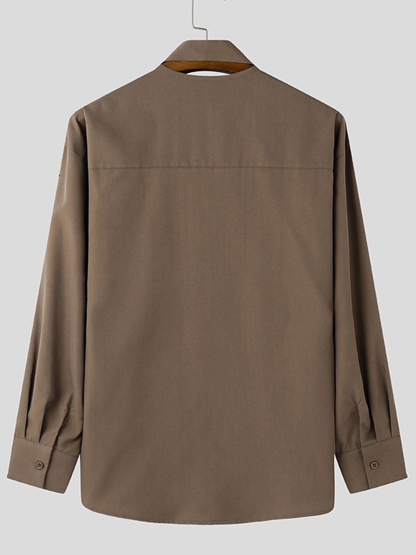 INCERUN Men's Fashion Solid Color Tie Design Long Sleeve Shirt, Casual Loose-Fit Top for Summer Daily Wear, All-Season Clothing