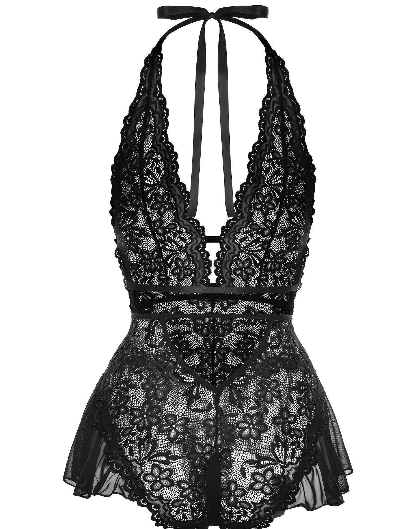 [Plus Size] Sheer Halter Neck Floral Lace Bodysuit, Sexy Backless Tie Back Deep V Neck Open Crotch Design Bodysuit, Women's Sleepwear & Loungewear Lingerie for All Seasons