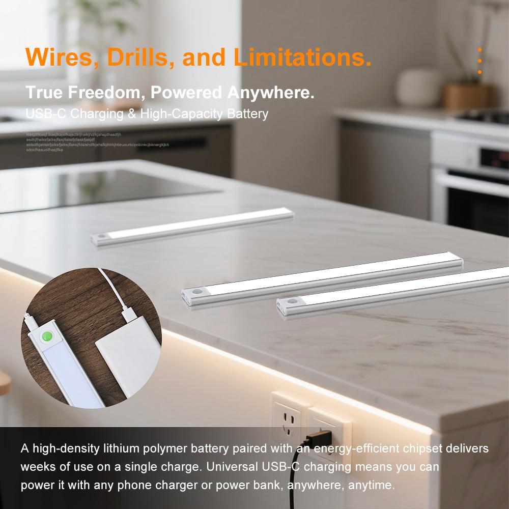 Two-Pack Rechargeable Motion Sensor LED Lights, Magnetic Wire-Free Under Counter Lighting, Battery Powered Under Cabinet Light, Adjustable Brightness & Color Night Light for Kitchen Bedroom Bedside Staris Bathroom Pantry Hallway