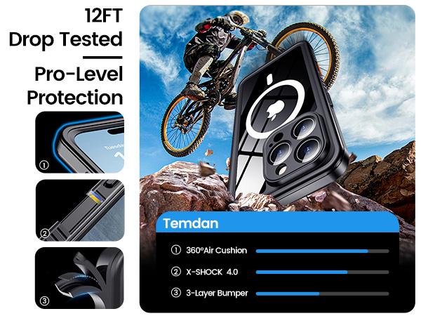 [3-in-1] Temdan Phone Case|Built in Screen Protector|Camera Lens Protector for iPhone 17/16/15/14 Pro Max/Pro/Plus/Air Case Waterproof, Shockproof, Magnetic Charging,Swimming, Snorkeling, Hiking, Riding, Boating, SummerBeach