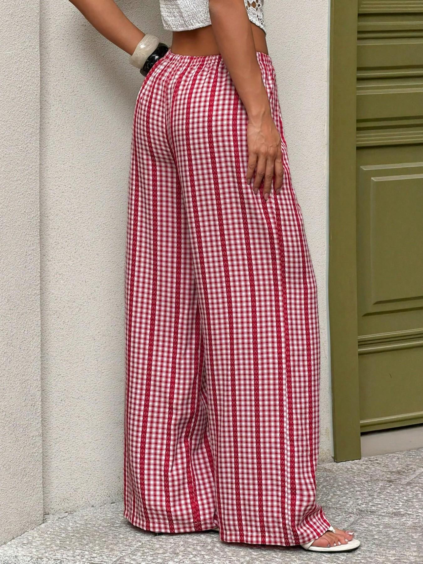 Women'S Red White Gingham Drawstring Elastic Adjustable Waist Wide Leg Casual Pants, Loose Lightweight Soft Breathable Plaid Trousers, Y2K Cute Summer Beach Bottoms For Daily Shopping Coffee Date Outdoor Walk Street Outfit