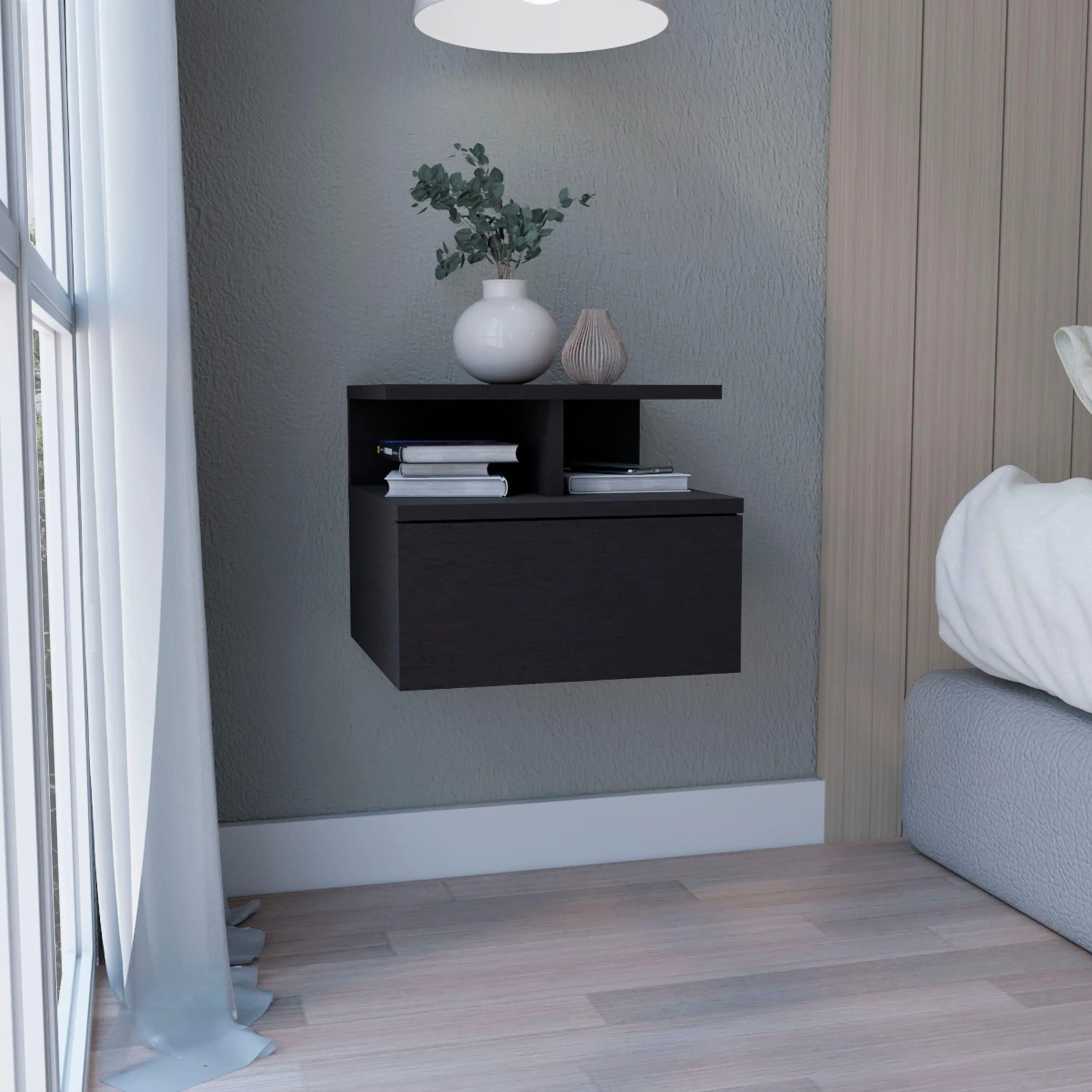 Floating Nightstand Wall Mounted Bedside Table with Drawer and 2-Tier Shelf, Black Particle Board, 14.02"W x 13.23"D x 11.61"H, Modern Space-Saving Bedroom Furniture