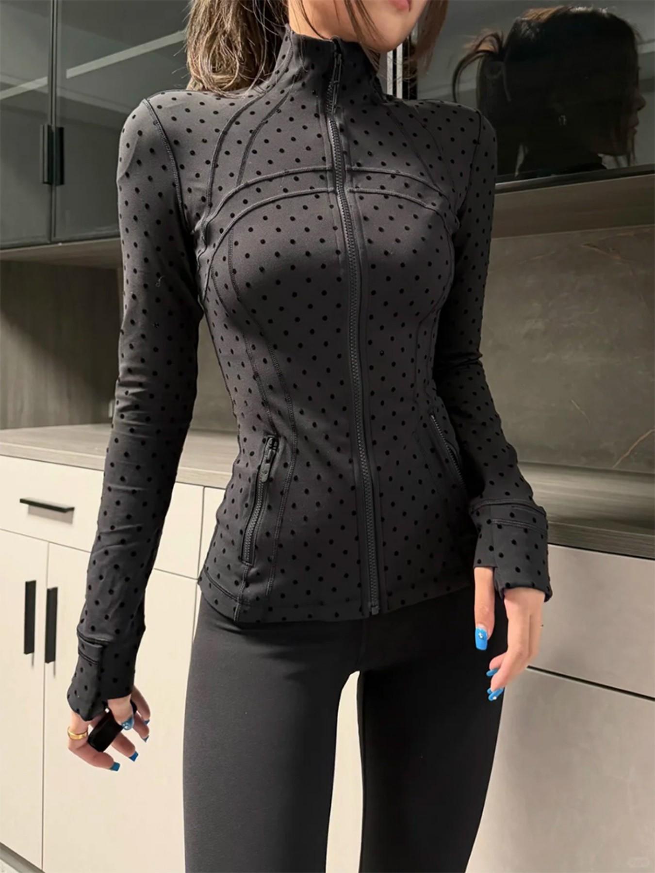 New Plush Polka Dot Jacket, Slim Fit Stand Collar Long Sleeve Sport Coat, Stylish Quick-Dry Breathable Outerwear