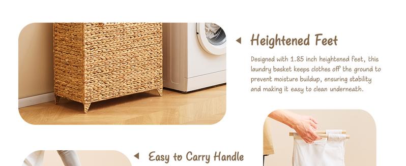 Handwoven Laundry Hamper with Lid, Natural Water Hyacinth Heightened Feet Laundry Basket, Wicker Clothes Hamper with Removable Liner Bag, Clothes storage, Handmade Laundry (229)