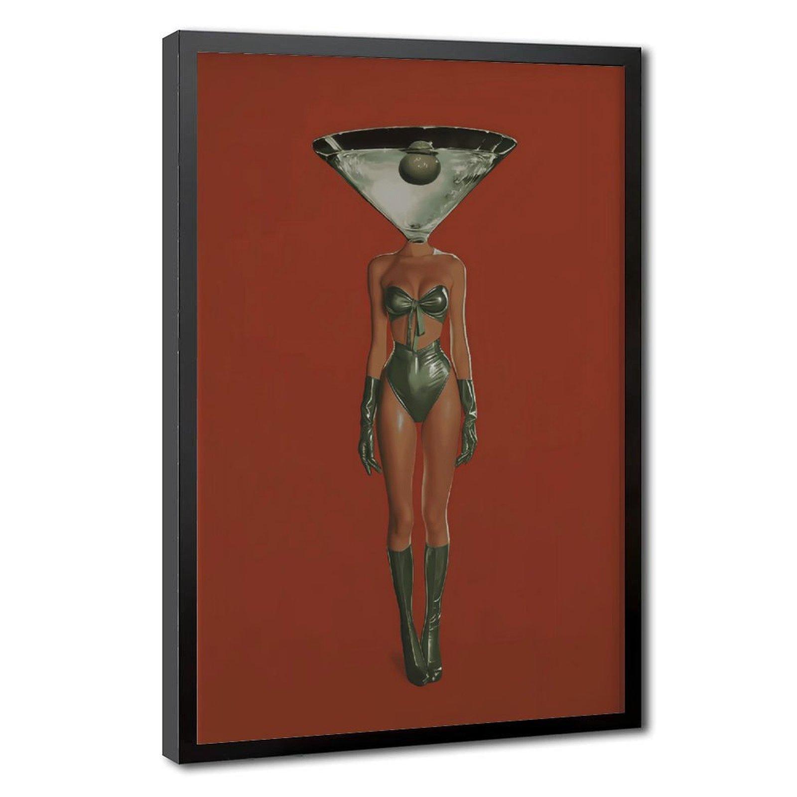 Vintage Dirty Martini Cocktail Print - Retro Bar Cart Decor, Red Wall Piece with Woman & Retro Drink, Aesthetic Canvas Poster for Bedroom, Funky Home Decor, Anime Wall Accent