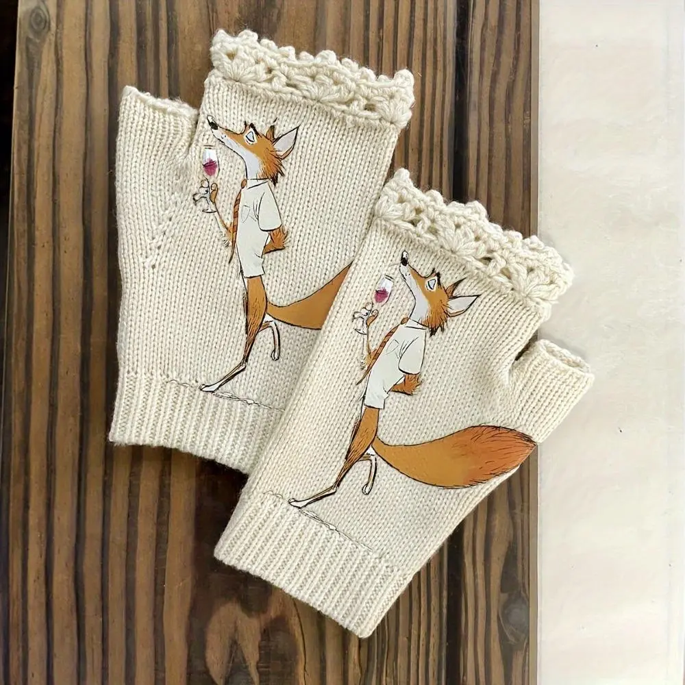 Women’s Fox Print Fingerless Gloves 1 Pair, Hand Crochet Edge Warm Cold-Proof Hand Covers for Autumn & Winter#FingerlessGloves #WinterHandAccessory #AutumnFashion