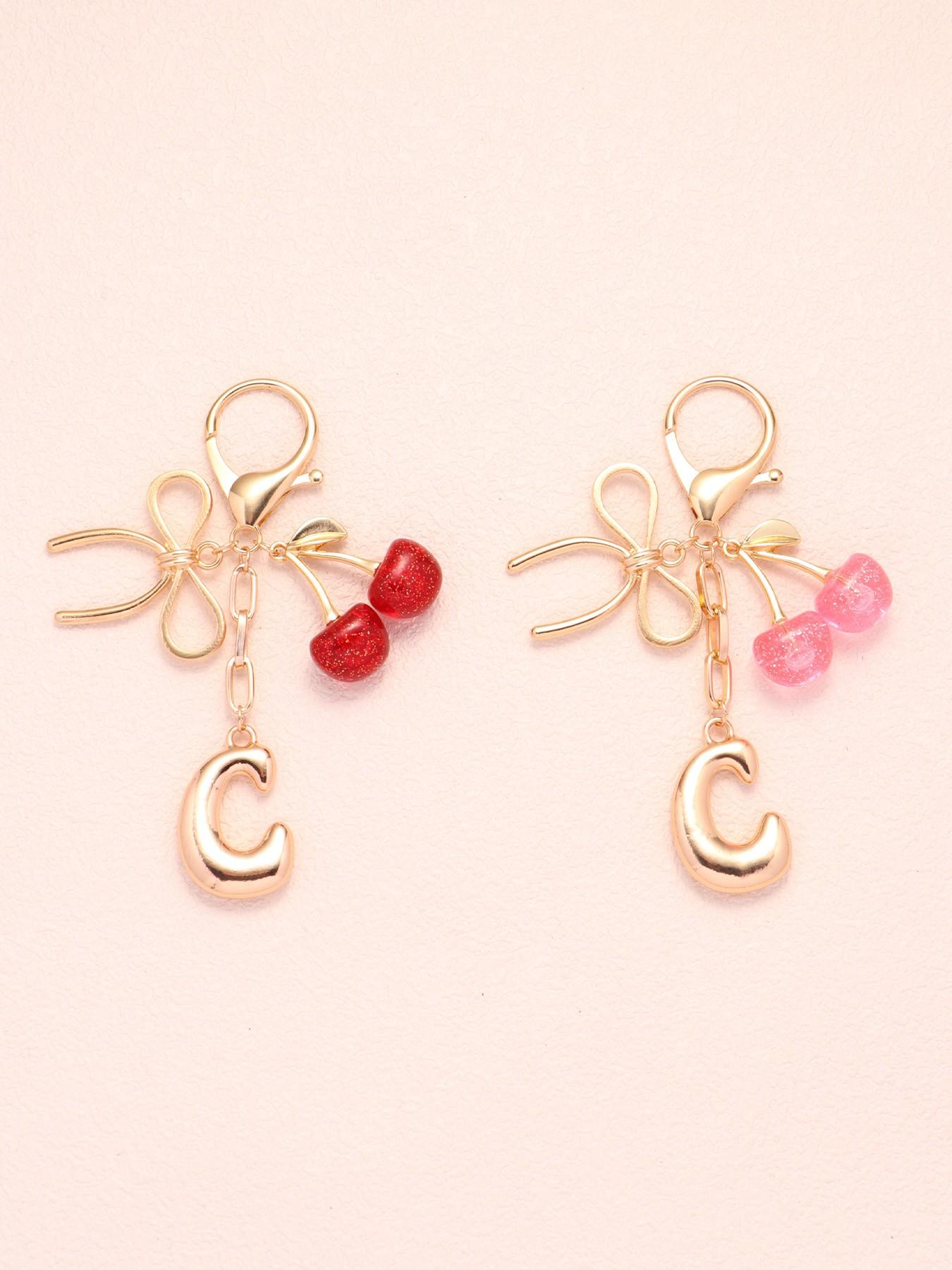 2pc Bubble Letter A-Z Keychains, Cute Initial Pendants, Metal Butterfly & Acrylic Cherry Decor, Personalized Bag Charms