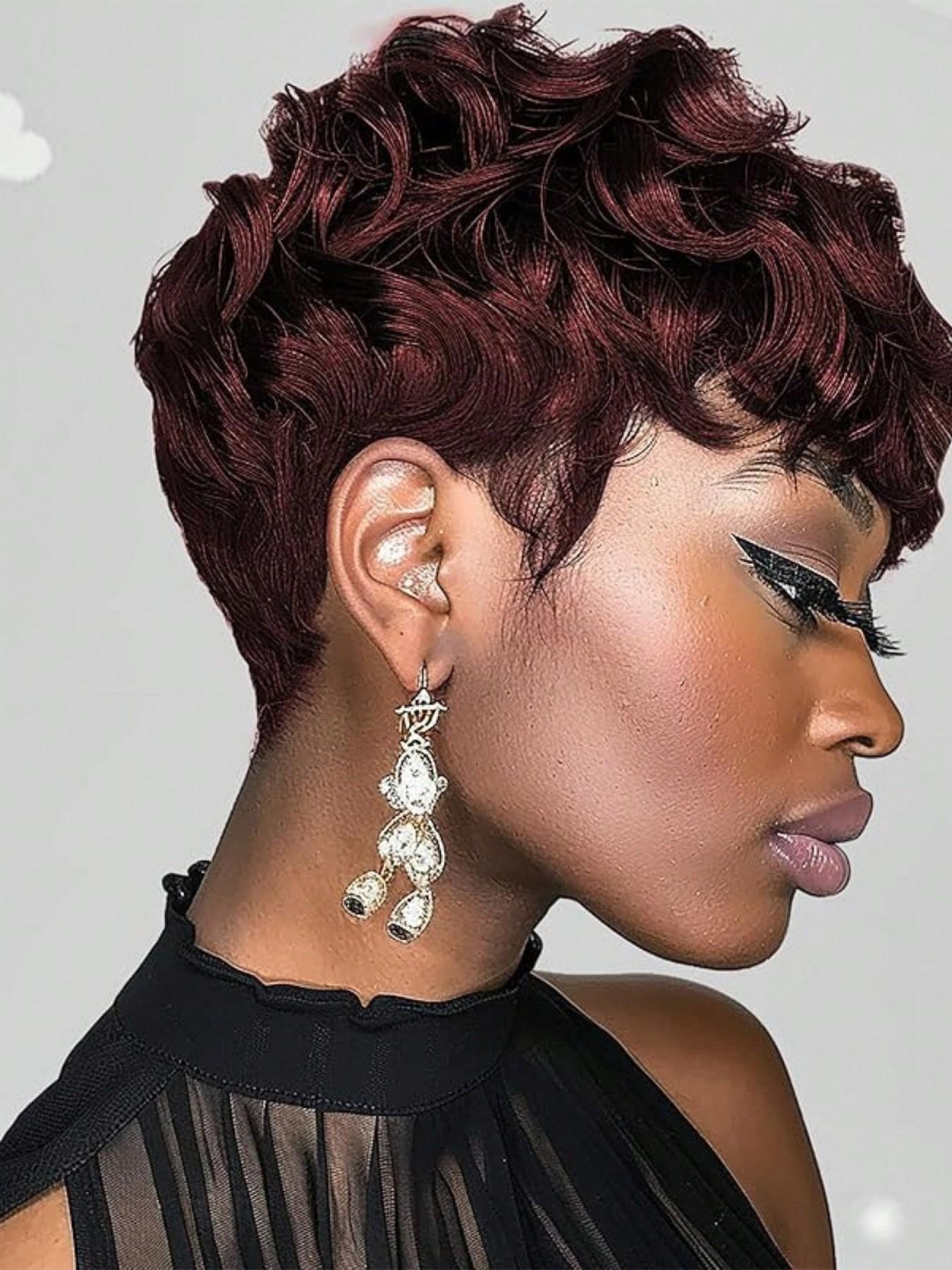 Short Pixie Wigs Short Black Curly Pixie Wigs Synthetic Hair Wigs Natural Wavy Black Burgundy grey Pixie Cut Wig Short Curly Layered Pixie Wig Stylist Friendly Wig