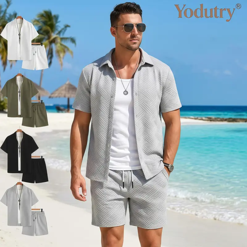 Yodutry Men’s Jacquard Fabric Menswear Matching Relaxed-Fit Short-Sleeve Solid Color 2-Piece Shirt & Shorts Summer Outfit, Gift with Every Order, 30-Day Warranty Coverage