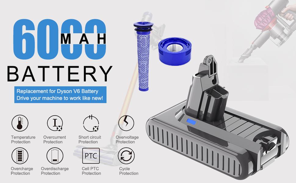 6.0Ah 21.6V Lithium Battery for Dyson V6 Battery Replacement SV03 SV04 DC58 DC59 DC61 DC62 DC72 DC74 Animal Absolute Fluffy Motorhead Slim 6-Cell VTC4 SV05 SV06 SV07 SV09