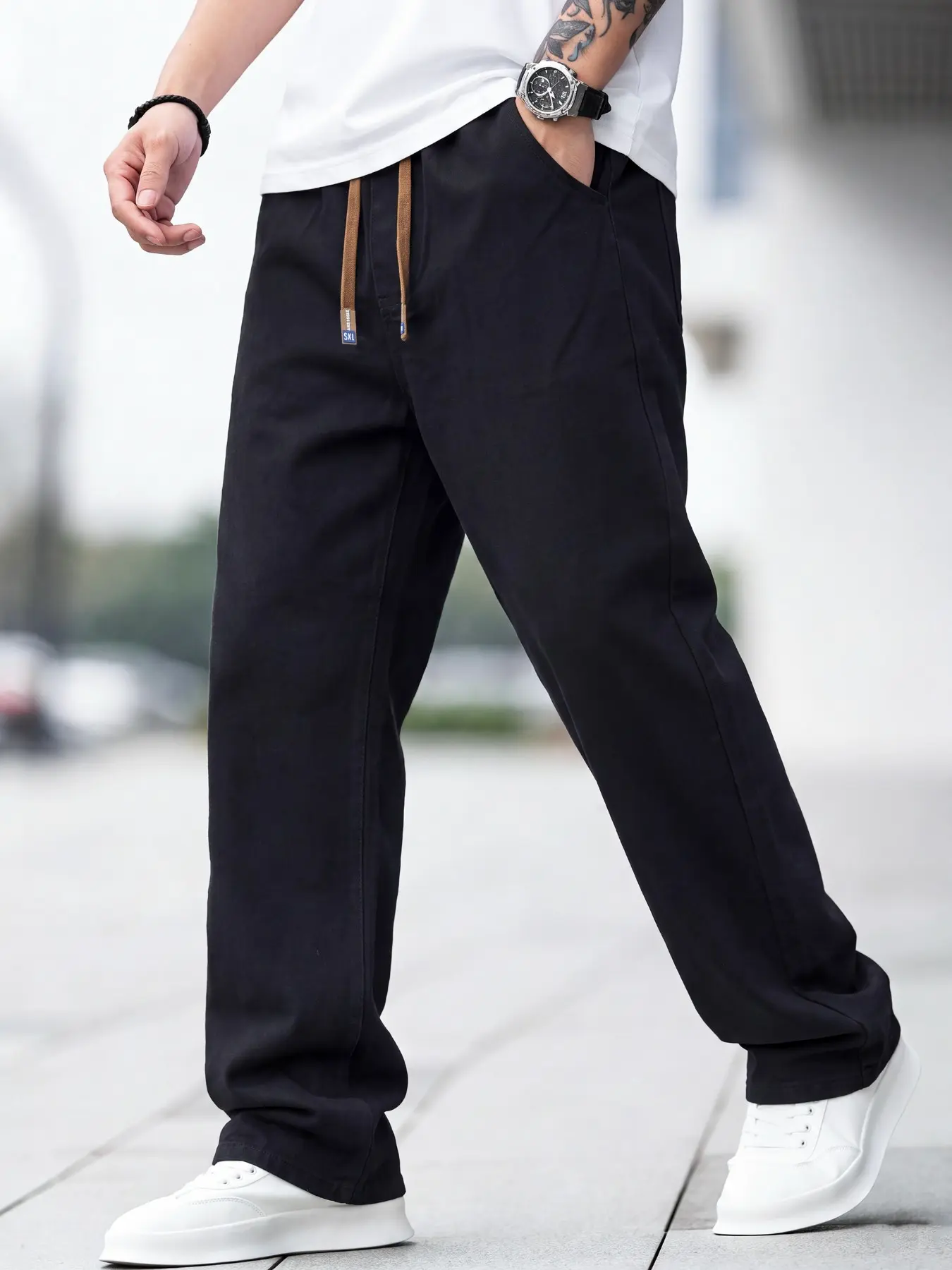 Men's Casual Straight Leg Jeans, Drawstring Elastic Waist Design, American Streetwear Style, Comfortable Everyday Denim Pants Essential