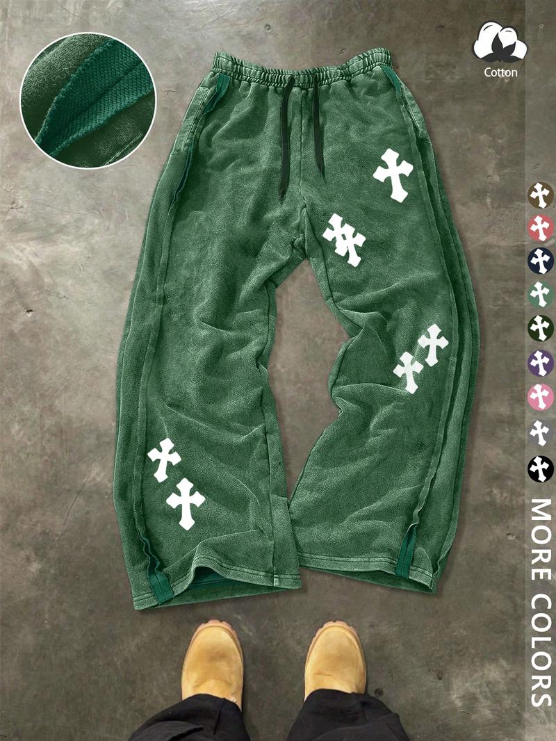 Unisex Street Style Cross Print Cotton Sweatpants, Loose Fit, Elastic Waist, Washed Cotton Fabric, Casual Fashion, Y2K.men's gift
