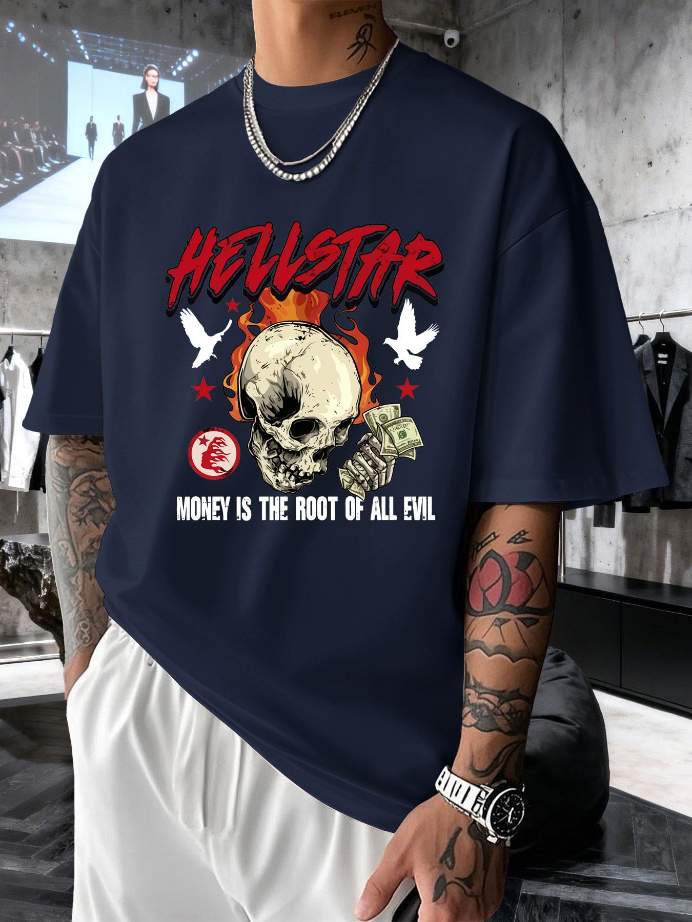 Men's Short Sleeve T-Shirt Summer Hellstar Flame Skull Dollar Print, American High Street Dark Fashion, Loose Fit Drop Shoulder Top