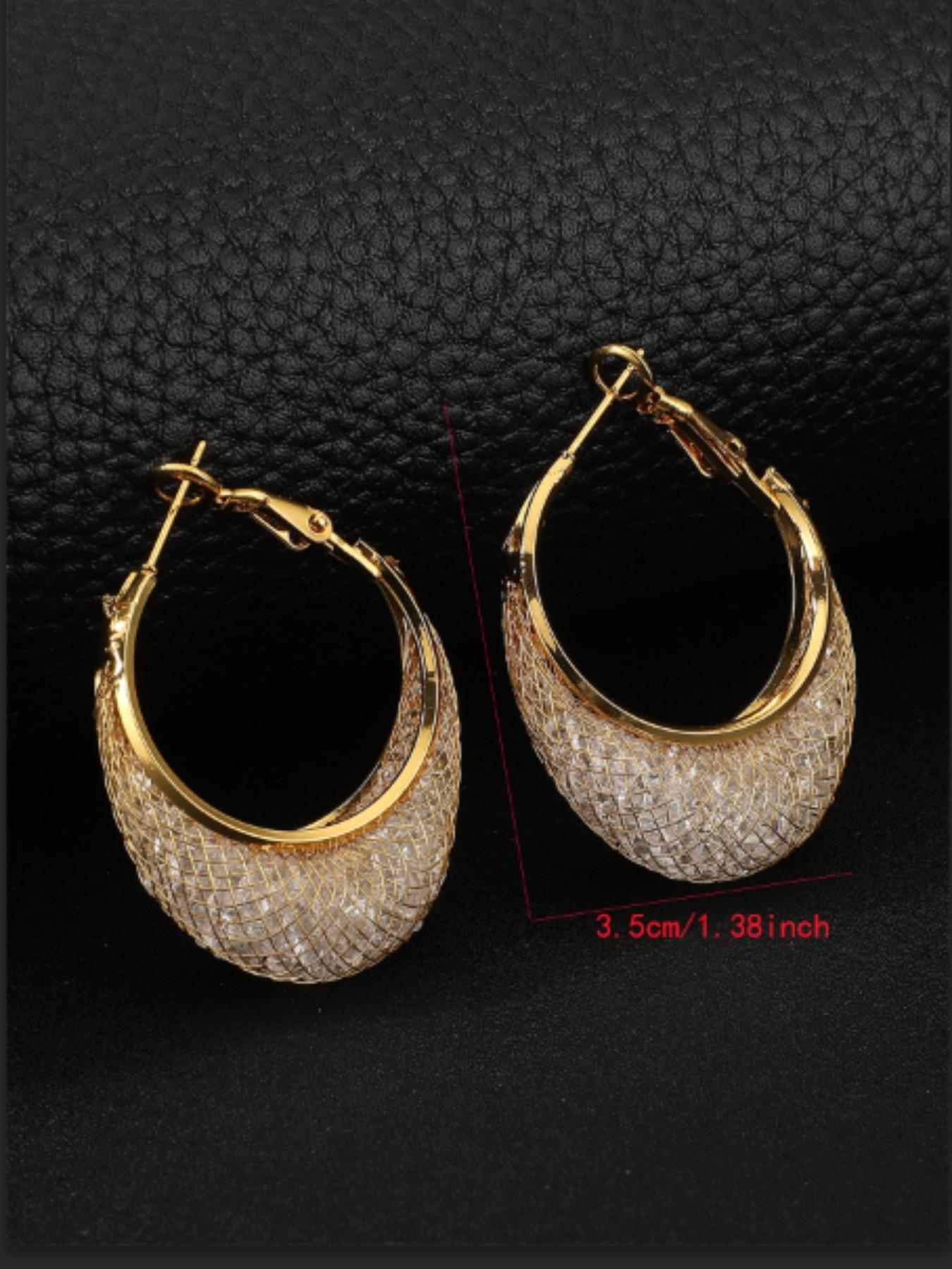 Vintage Braided Mesh Full Rhinestone Large Circle Earrings, 18k Gold Plated Luxury French Accessories, Boho Style Titanium Alloy Chain