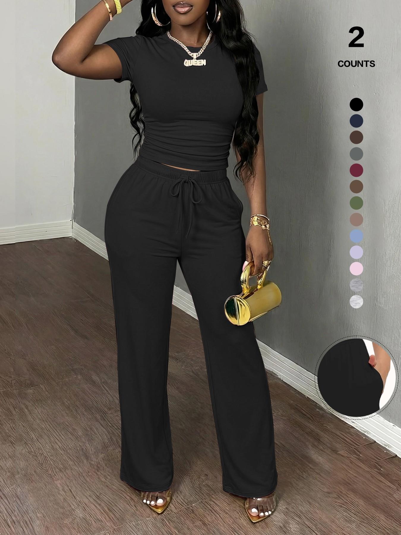 Women's Spring Summer Casual Set, Round Neck Short Sleeve Top & Wide Leg Pants, Slim Fit Home Wear, 2 Piece Comfortable, Casual Fashion Set