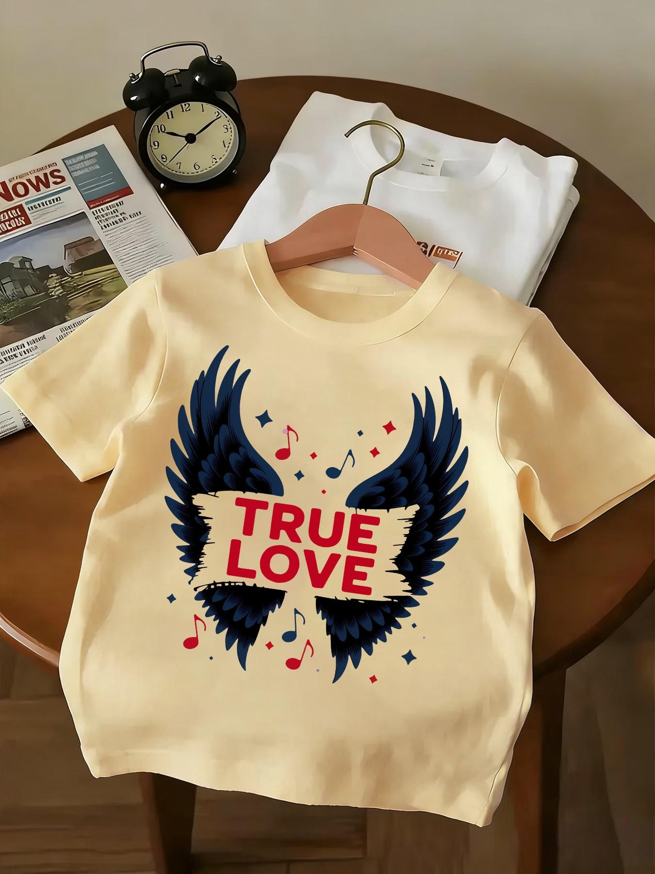 Teen Rock Style True Love Short Sleeve Tee, Deep Blue Wings True Love Print, Unisex Casual Slim Fit Round Neck T-Shirt