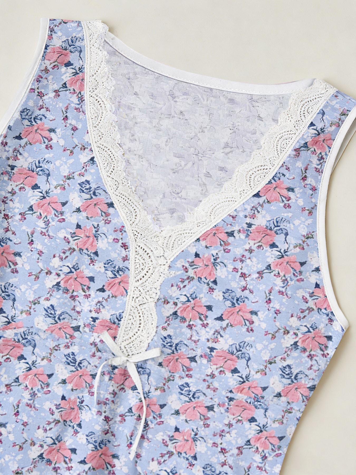Spring Summer Limited Edition Women's Sleep Dress, Romantic Floral Print, Sleeveless V-Neck, Lace Trim, Elegant Comfortable Housewear