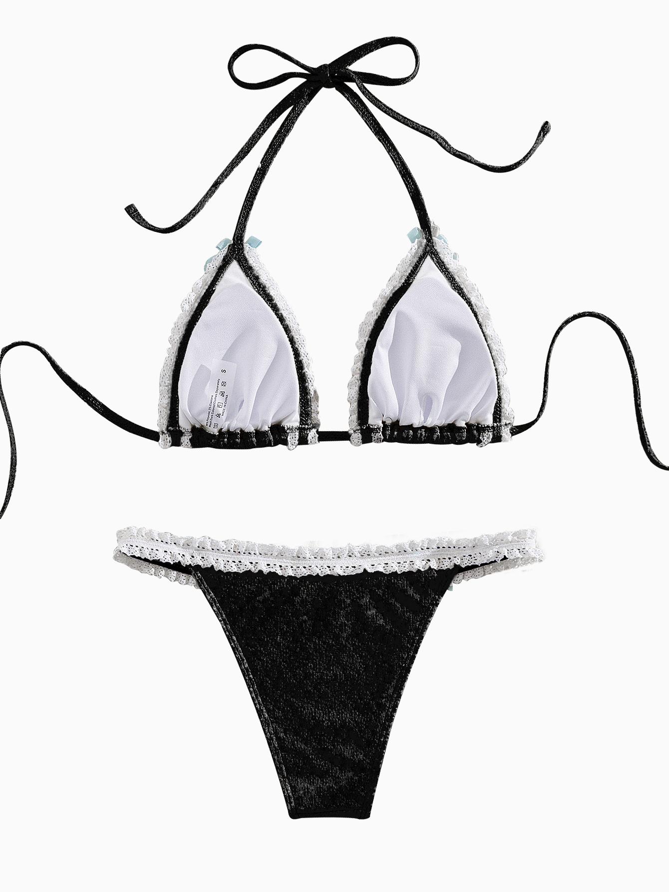 Two-Piece Set Women's Contrast Lace Bow Decor Bikini Set, Casual Tie Back Swim Bra & Swim Bottoms, Ladies Swimsuit for Beach Vacations, Summer Halter Bathing Suit