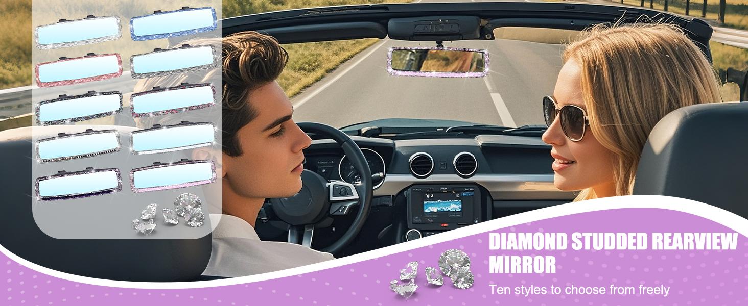 JOKG Car Rearview Mirror, Decorations Rear View Mirror with Crystal Rhinestones & Diamonds, Car Interior Trim Accessories, Clip-on & HD Glass, Sparkly Gift for Mother Women Girls (Silver)