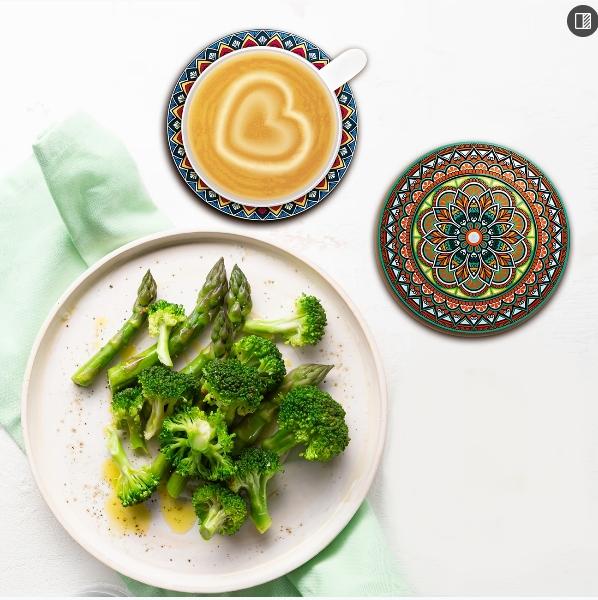 8-Piece Mandala Coasters Set, Wooden Coaster Collection, Perfect for Parties & Gatherings, Ideal for Bars, Offices, Homes, Size 3.94"x3.94"