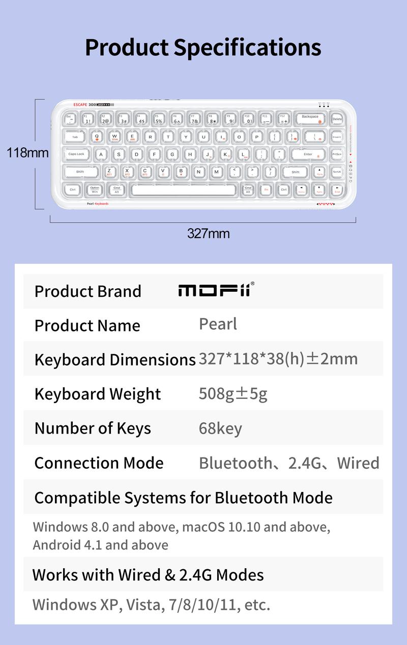 MOFii RGB Gaming Keyboard | 15 Light Effects, Cute Pink Transparent Keycaps, Rechargeable, BT/Wireless/Wired, US QWERTY