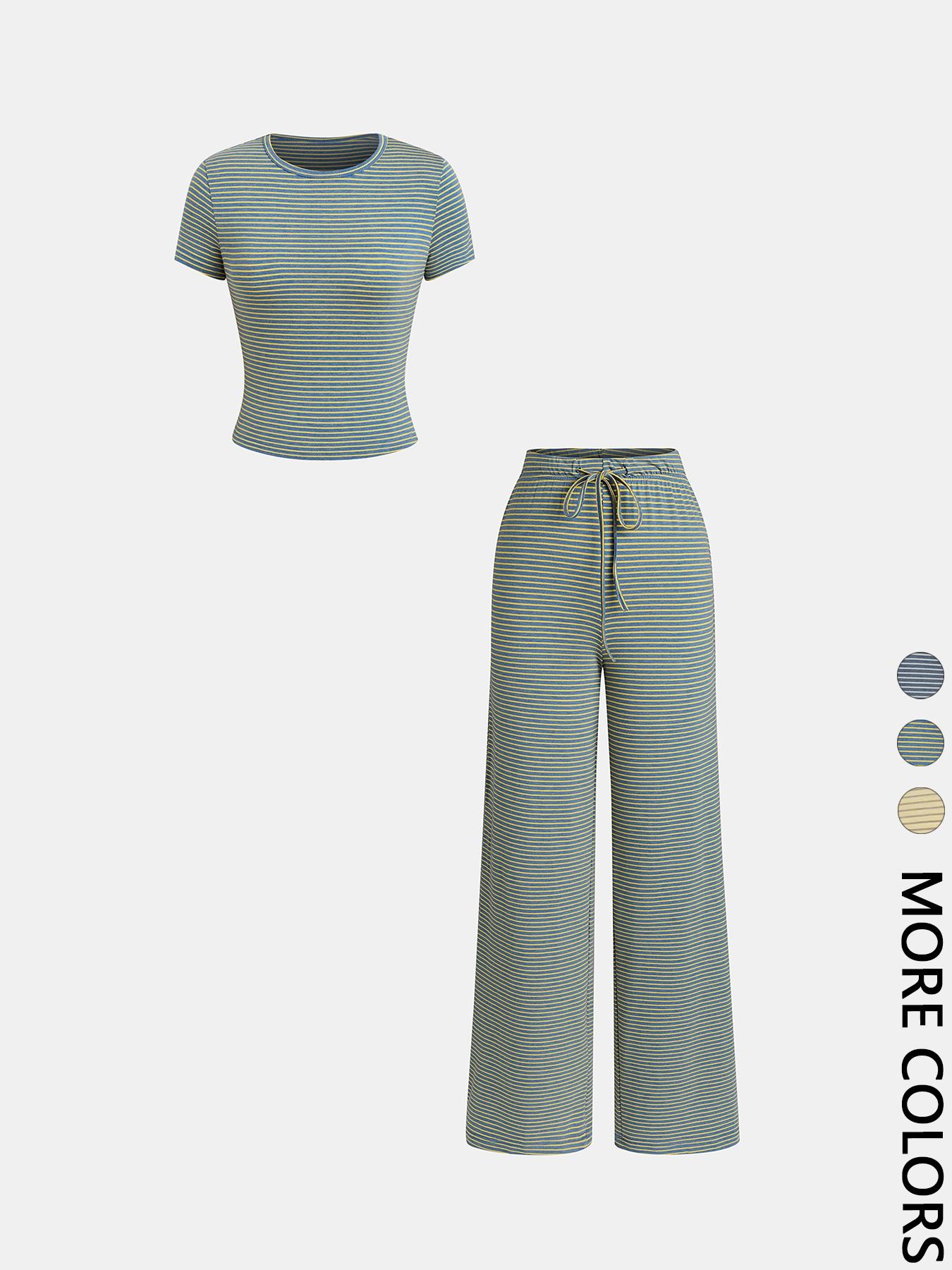 Women's Casual Striped Tee Shirt & Comfortable Pants Set, Stylish Two-Piece for Daily Wear, Perfect for Spring & Fall Seasons