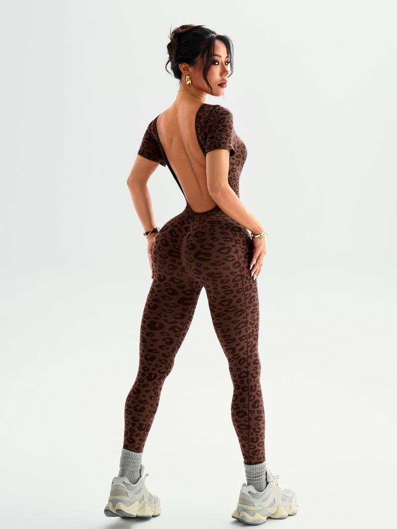 Women's Seamless High Stretch Leopard Print Backless Short Sleeve Long Pants Jumpsuit Butt Lifting Tight Yoga Sports Gym Jumpsuit Sportswear Jumpsuits