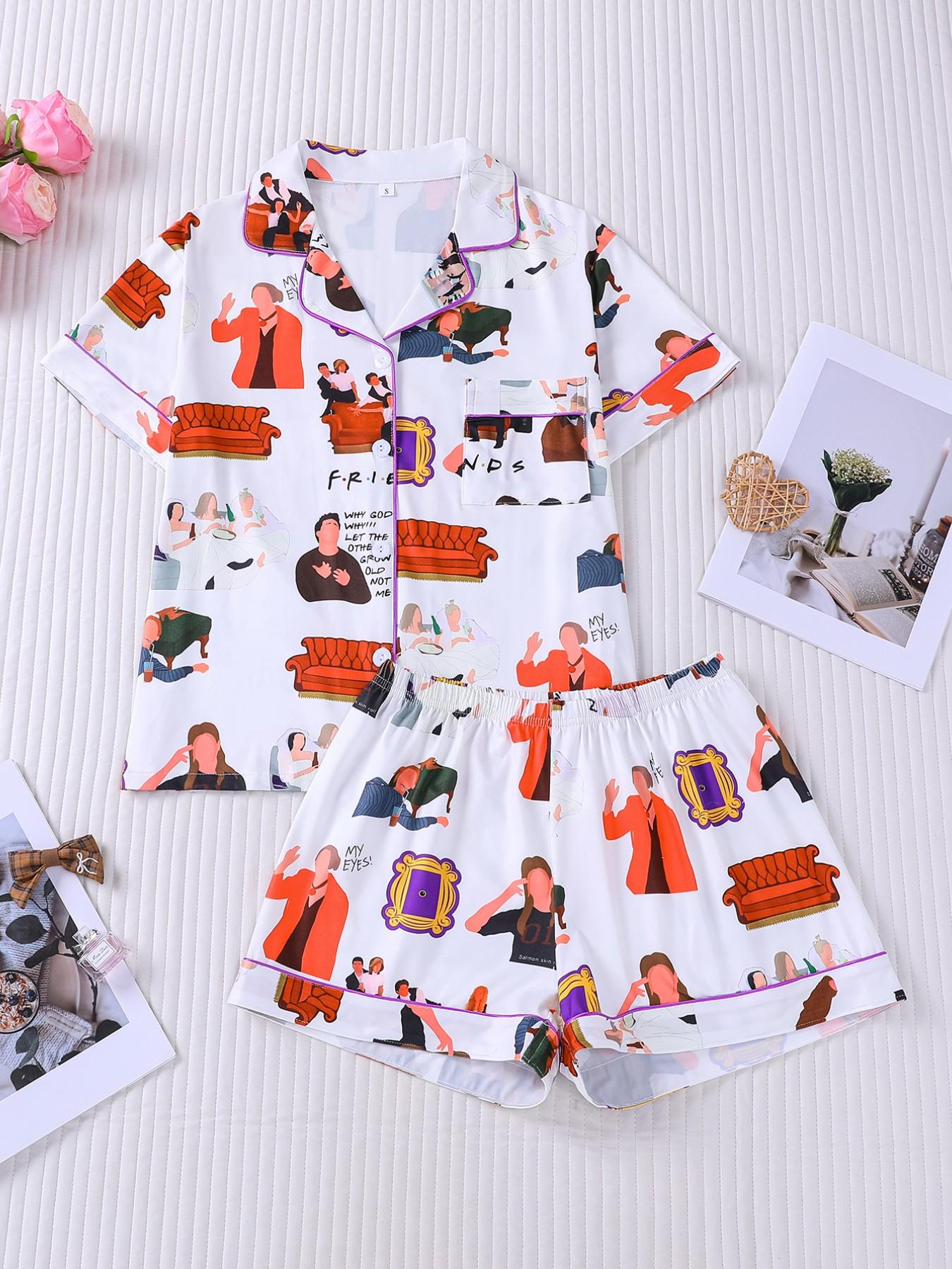 2 Piece Women's Pajamas Set, Friends TV Show Print Short Sleeve Sleepwear, White Lapel Button Down Top with Pocket, Elastic Waist Shorts, Soft Comfy Casual Loungewear for All Seasons, Daily Homewear for Women