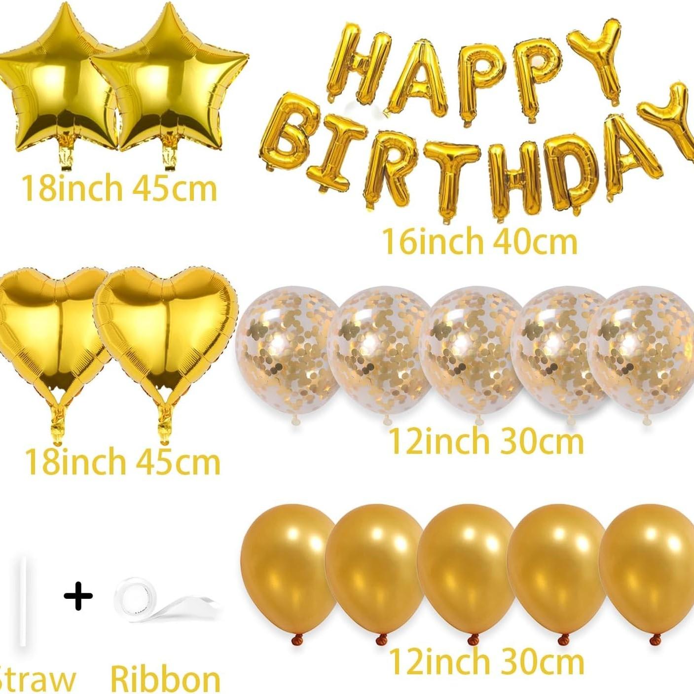 29 Pcs Gold Birthday Decorations, 3D Foil Gold Happy Birthday Balloon Banner, Pentagram Heart Foil Balloons Confetti Balloons Kit For Boys Girls Birthday Party Supplies