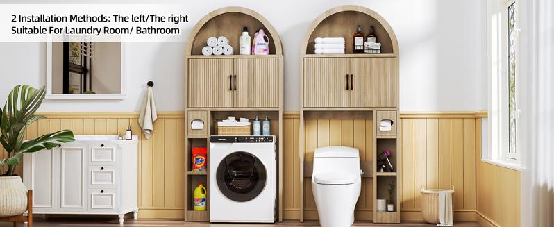 【Super Popular】Dragosum Over The Toilet Storage Cabinet, Arched Cabinet with Doors, Space-Saving Toilet Storage for Bathroom, Laundry, Mini Bar, Free standing Bathroom Organizer with Adjustable Shelf and Anti-Tip Device (Wood)