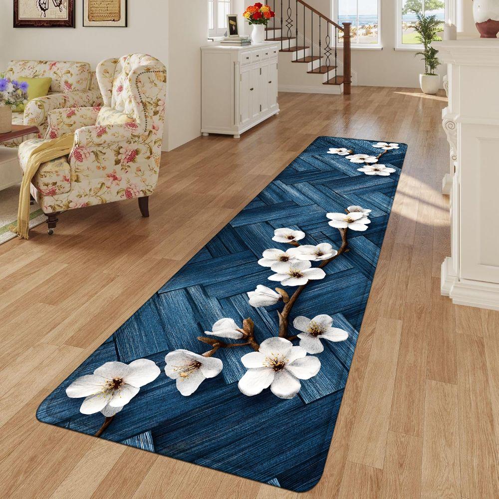 1PC， Blue and White Magnolia Branch Pattern strip rugs, home décor, bathroom mats, entryway mats, bathroom non-slip mats, indoor entrance rugs, bedroom bedside mats, kitchen mats, hallway rugs, flannel sponge rugs, hallway runner rugs