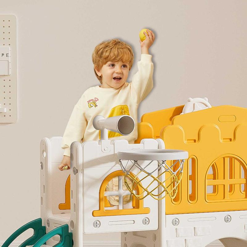 SUNNYGLADE 7 in 1   Multifunction  Toddler Slide, Kids Climber Slide with Storage Space and Non-Slip Steps, Toddler Playset with Basketball Hoopa and Telescope,   Colorful  Indoor Outdoor Playground for Toddler