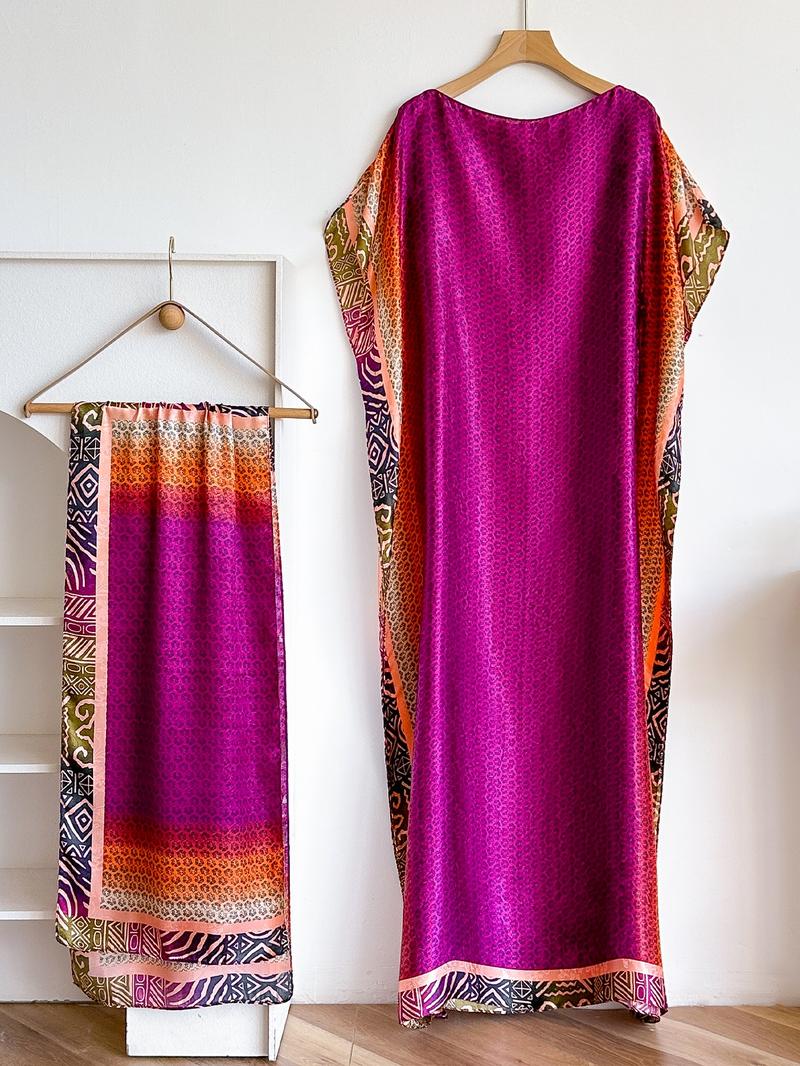 Women's Colorblock Print Long Scarf & Poncho Set, Casual Soft Comfortable Shawl for Beach Vacation, Fashion Accessories for Women & Girls