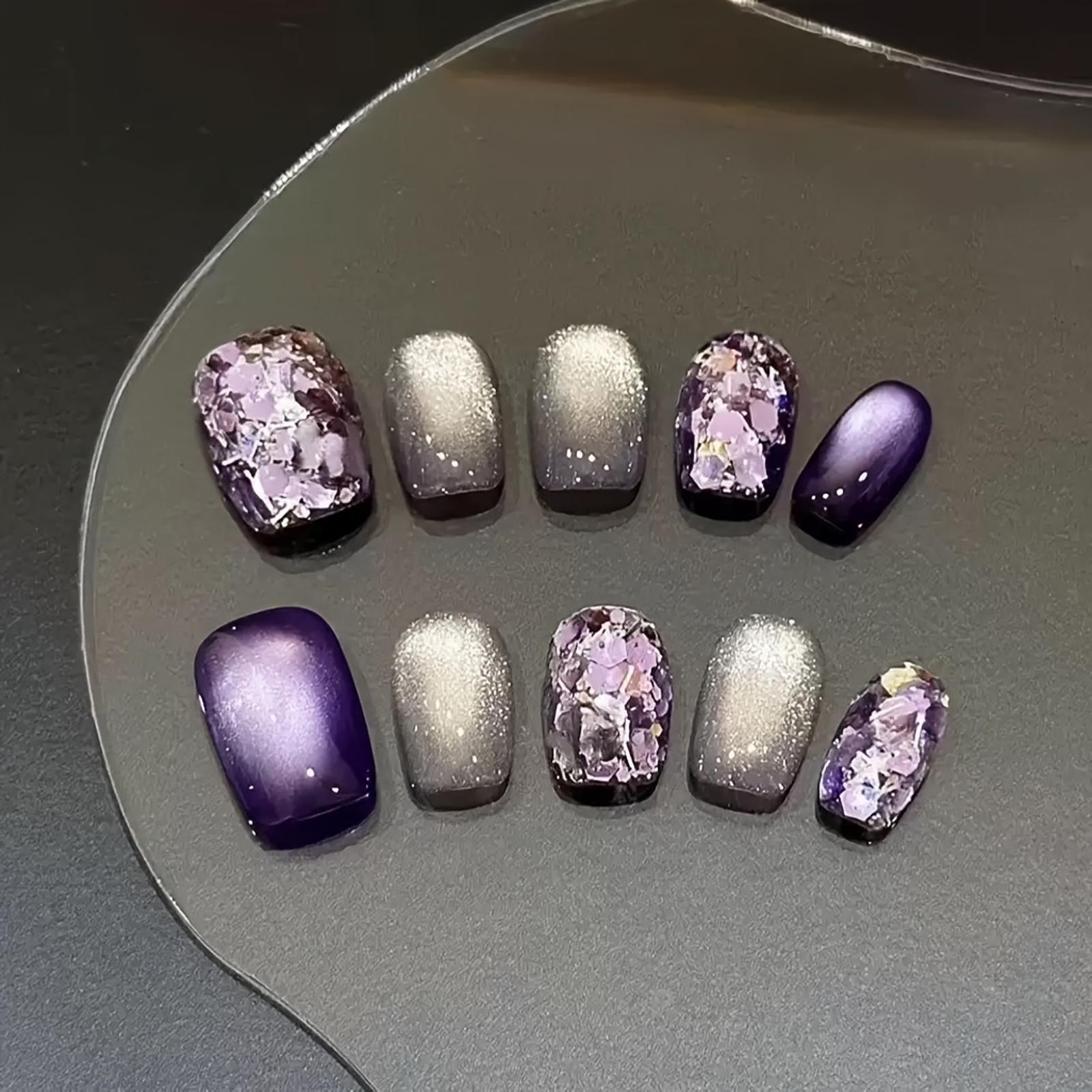 Obsessed With This Edgy Vibe! Custom Purple Grey Color Block Cat Eye Press On Fake Nails, Exquisite Hand-Painted Ice Shard Glitter & Silver Sand Design, TikTok Viral Blogger Favorite