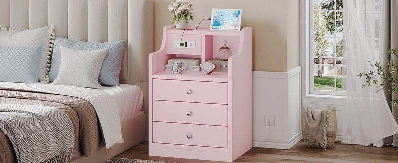 Sikaic Nightstand with Charging Station Storage Drawers Pink Furniture Bedroom Modern Home Organize Bedside Shelf Organizing