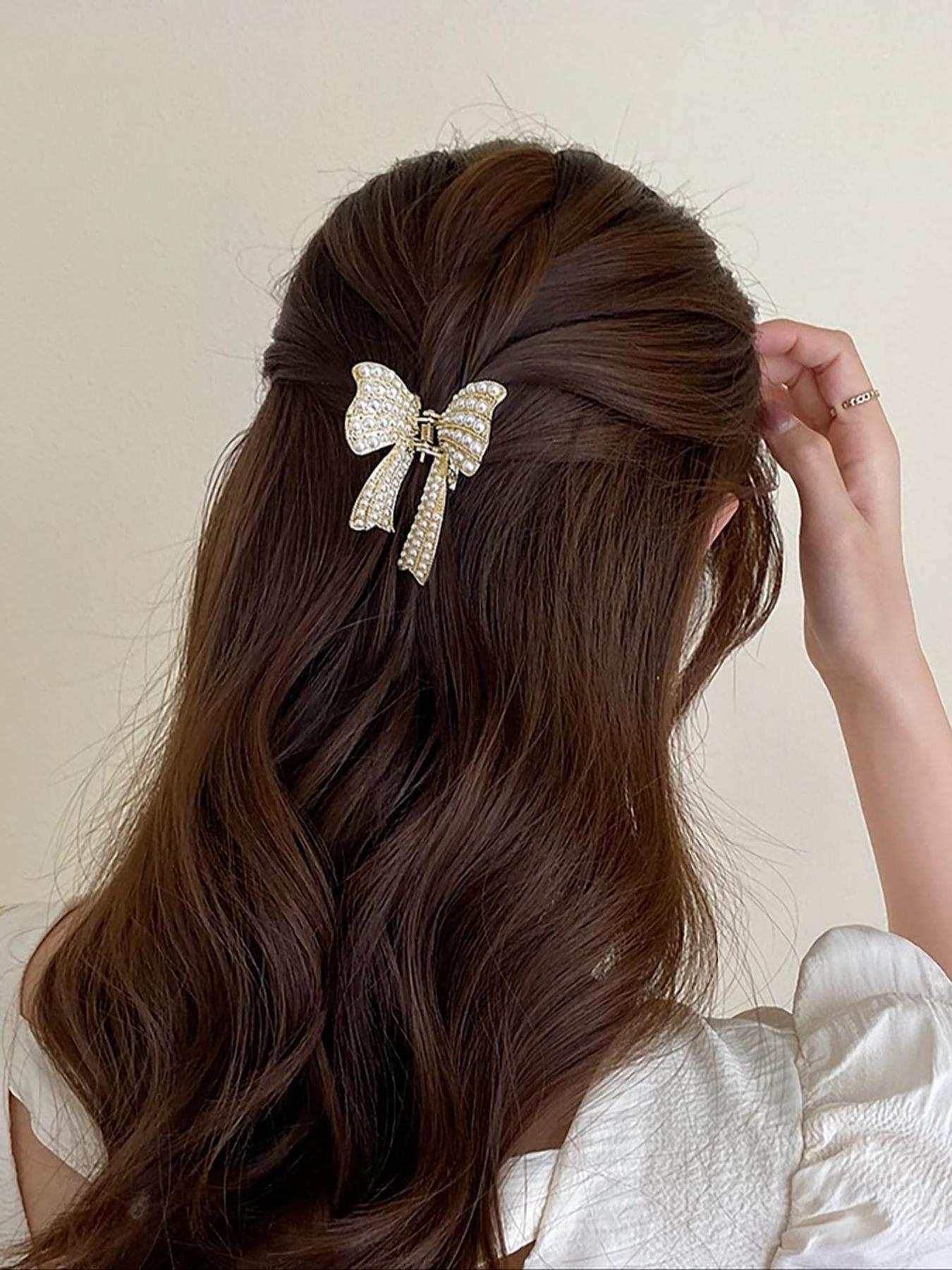 Elegant Faux Pearl Decor & Textured Metal Decor Hair Claw, Bow-shaped Hair Claw, Fashion Butterfly Design Hair Accessories for Women & Girls, Ponytail Claw Clip, Butterfly Clips, Barrettes