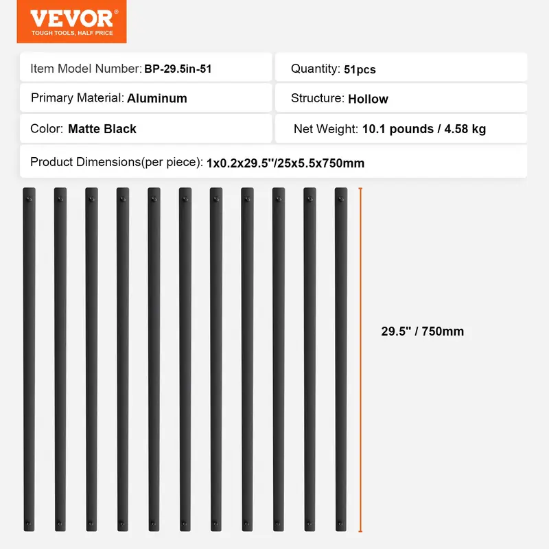 VEVOR 51-Piece Aluminum Alloy Classic Hollow Flat Spindles, 29.5"x1" 29.5" Length Satin Black Powder Coated Staircase Balusters, Deck Railing Components with Screws for Porch