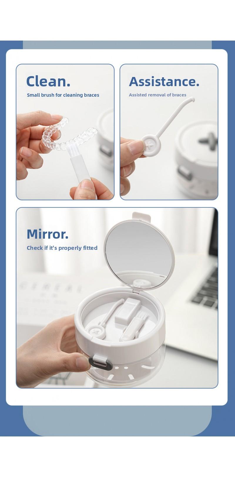 3-in-1 Dental Care System ABS Oral Retainer Case - Lightweight Compact Bathroom Tumbler with Top Handle, Mirror, Cleaning Brush, Auto-Rising Aligner Bath, Strainer Basket for Easy Rinsing, Travel & Daily Use (Dental Accessories)