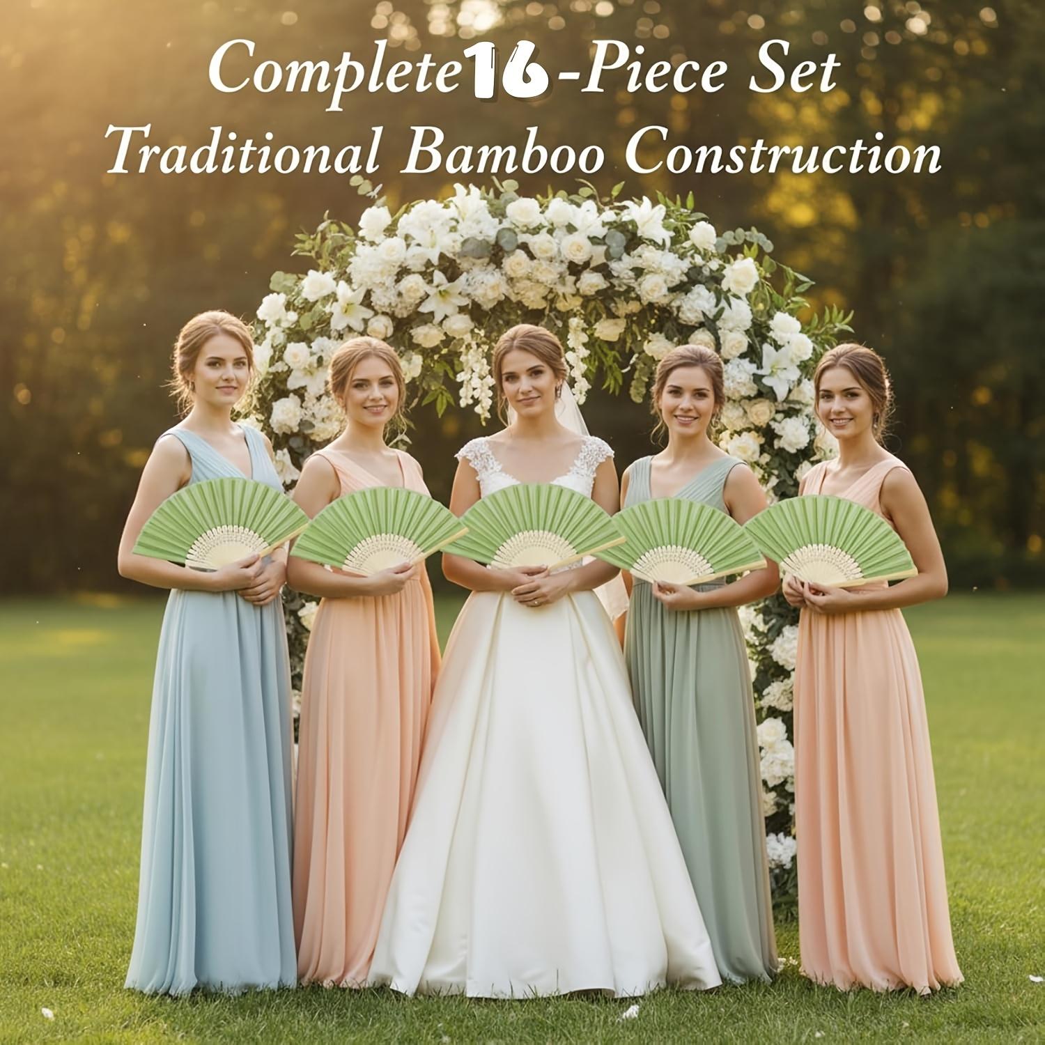 Gift for Her/Him 16pcs Green Wedding Favor Fan Set, Women's Handheld Folding Fan with Green Bow, Tassel, Gift Bag, DIY Decorative Women's Gift, Wedding Party Decoration. Suitable for Bridal Shower Favors, Return Gifts, Wedding Banquet Gifts