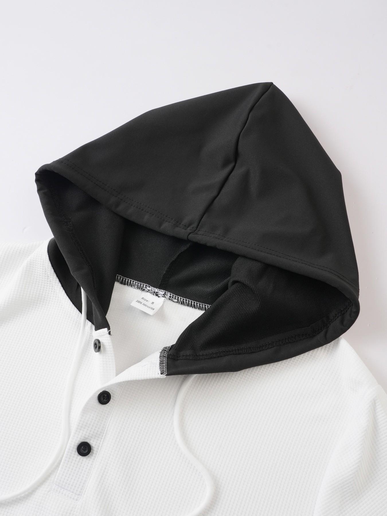 New men's waffle knit polo shirt with hood - stylish contrasting color hood and cuffs, semi-open buttoned collar, short sleeves, and fitted design. Perfect for casual outings, vacations, and daily trendy street style.